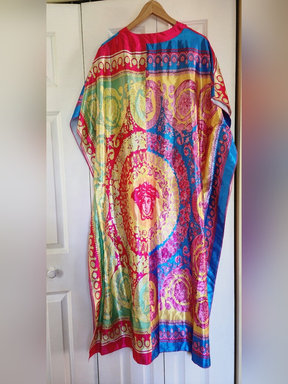 So Good Vibrant Baroque Medallion Silk-Style Scarf - Pink, Turquoise, Gold